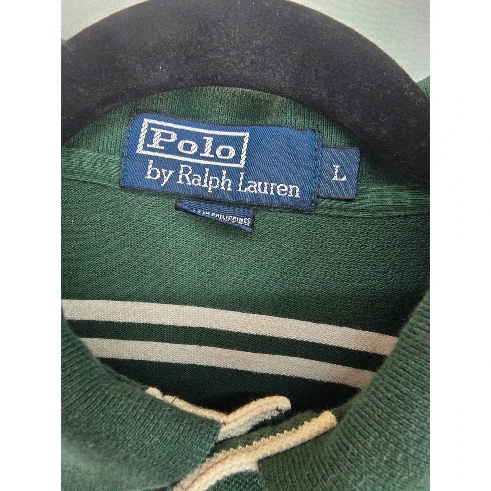 Polo Ralph Lauren Mens Large Green White Striped Short Sleeve Pique Polo Shirt
